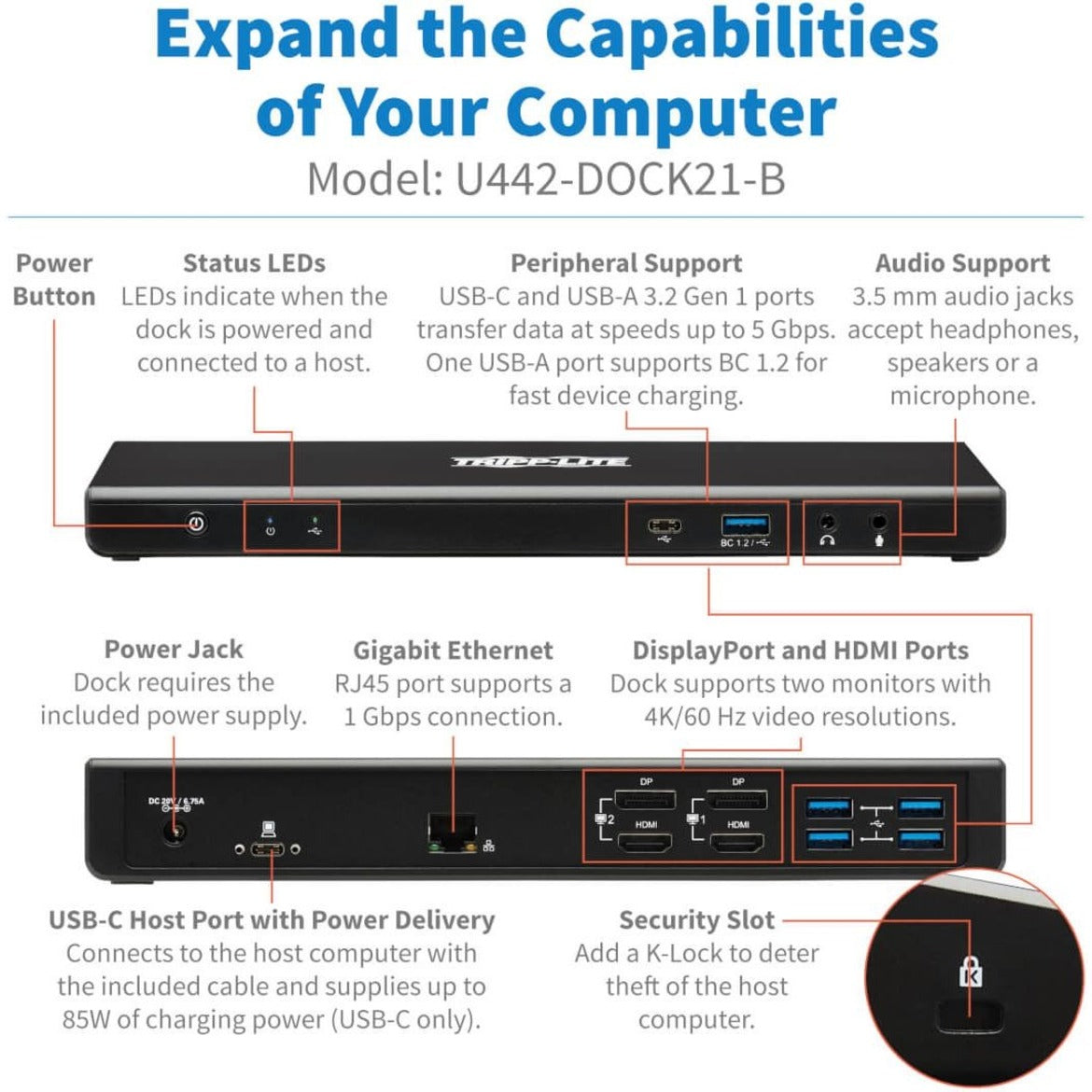 Tripp Lite U442-DOCK21-B USB C DOCK DUAL DISPLAY HUB 5K 60HZ, 6-Port Docking Station