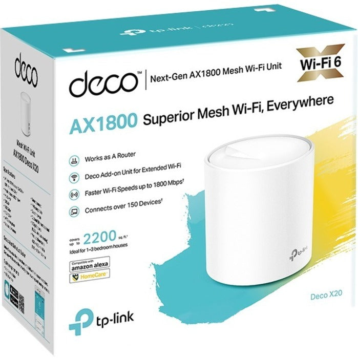 TP-Link DECO X20(1-PACK) AX1800 Whole Home Mesh Wi-Fi 6 System, Dual Band, Gigabit Ethernet, Alexa Supported