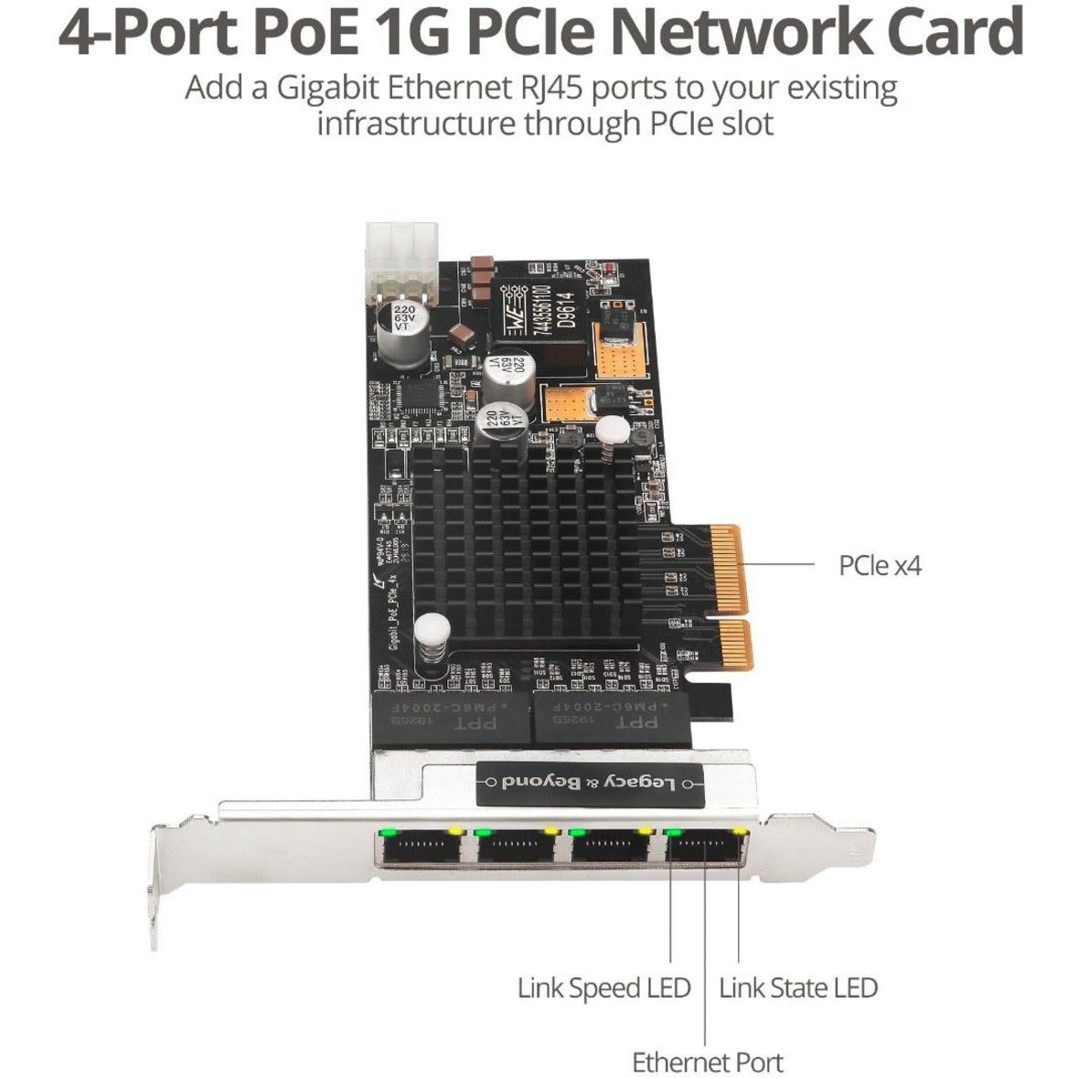 SIIG LB-GE0811-S1 4-Port Gigabit Ethernet with PoE PCIe Card - Intel 350, High-Speed Network Connectivity for Computers/Servers