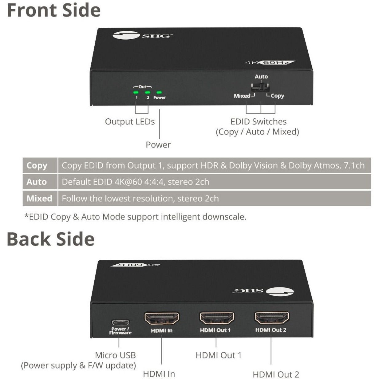 SIIG CE-H26B11-S1 2 Port HDMI 2.0 HDR Splitter with EDID & Downscaler, 4K Video Resolution, 2 Year Warranty