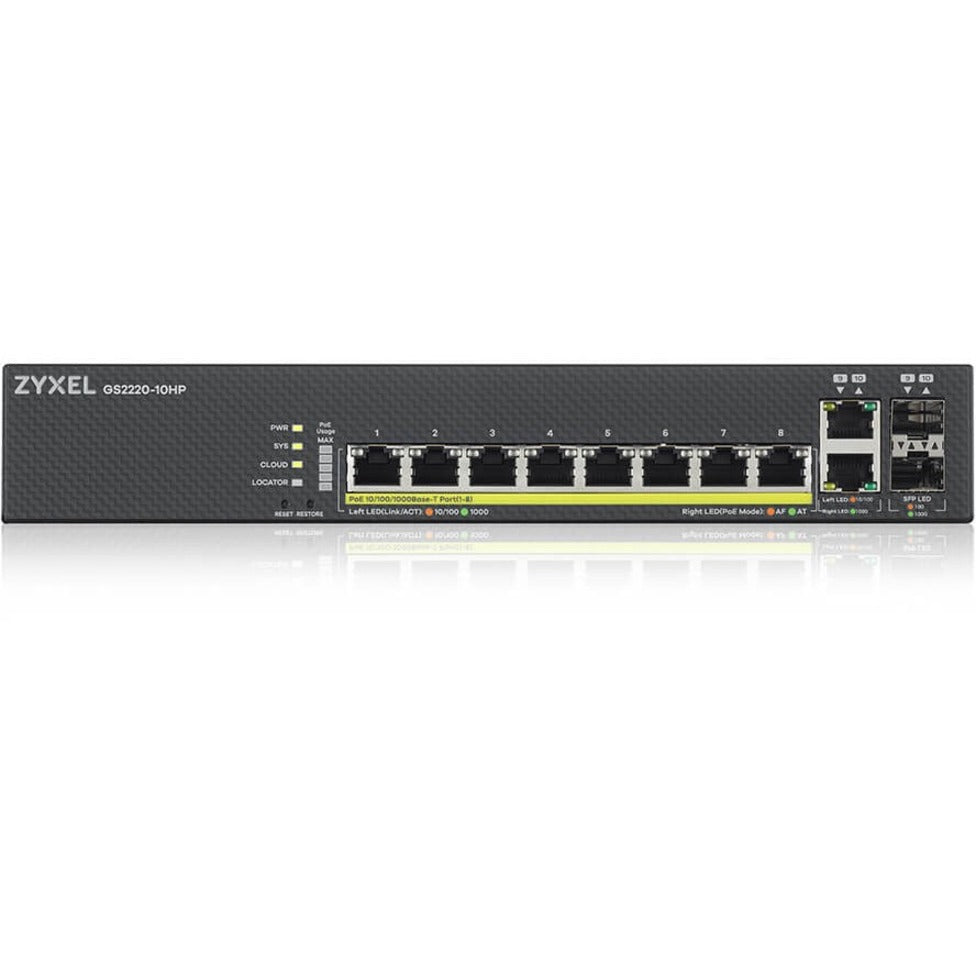 ZYXEL GS2220-10HP 8-port GbE L2 PoE Switch with GbE Uplink, Gigabit Ethernet, 180W PoE Budget