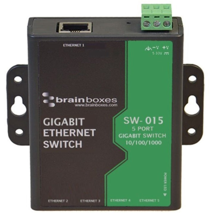 Brainboxes SW-015 Compact 5 Port Gigabit Ethernet Switch, DIN Rail Mountable, Temperature Range +14F to +140F