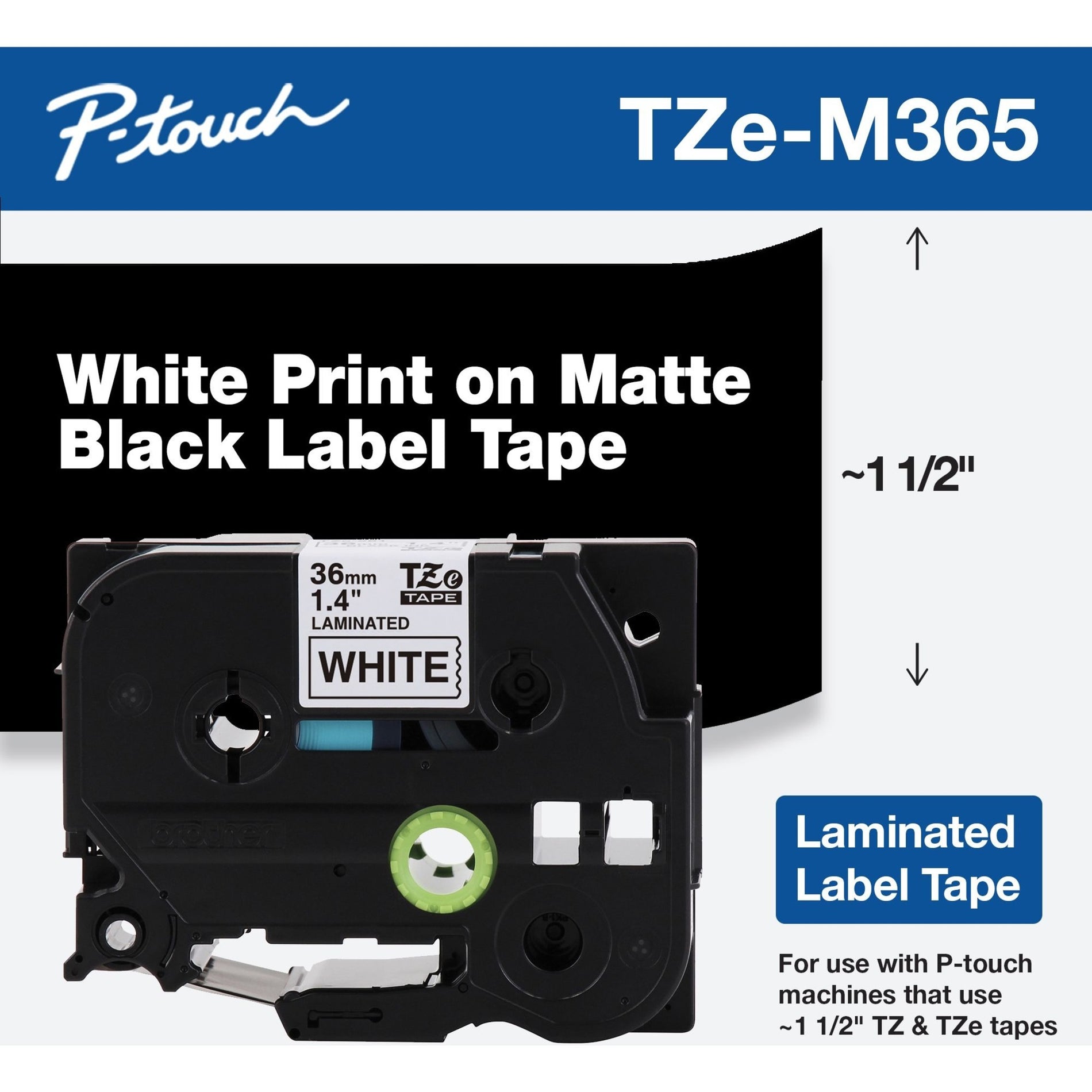 Brother TZEM365 P-touch TZe Label Tape, White on Matte Black, Strong Adhesive, Durable, Fade Resistant