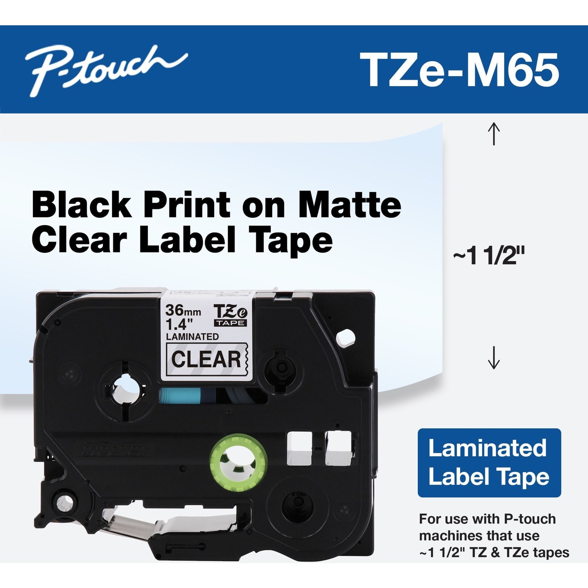 Brother TZEM65 P-touch TZe Label Tape, White on Matte Clear, Durable and Temperature Resistant