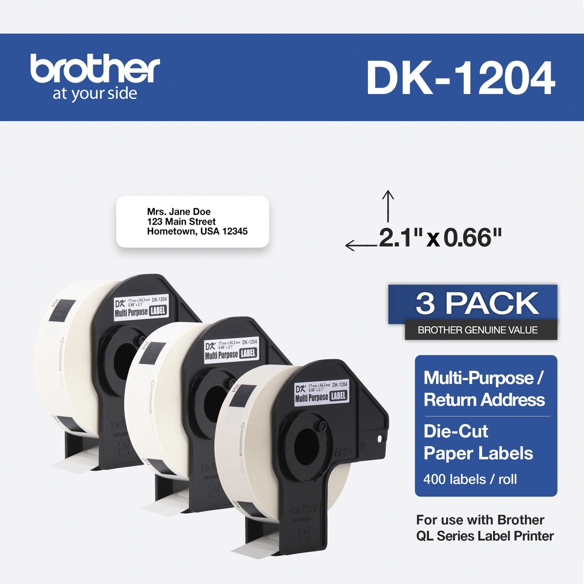 Brother DK12043PK DK Multipurpose Label, Long Lasting, Die-cut, Coated Paper, 3/Roll