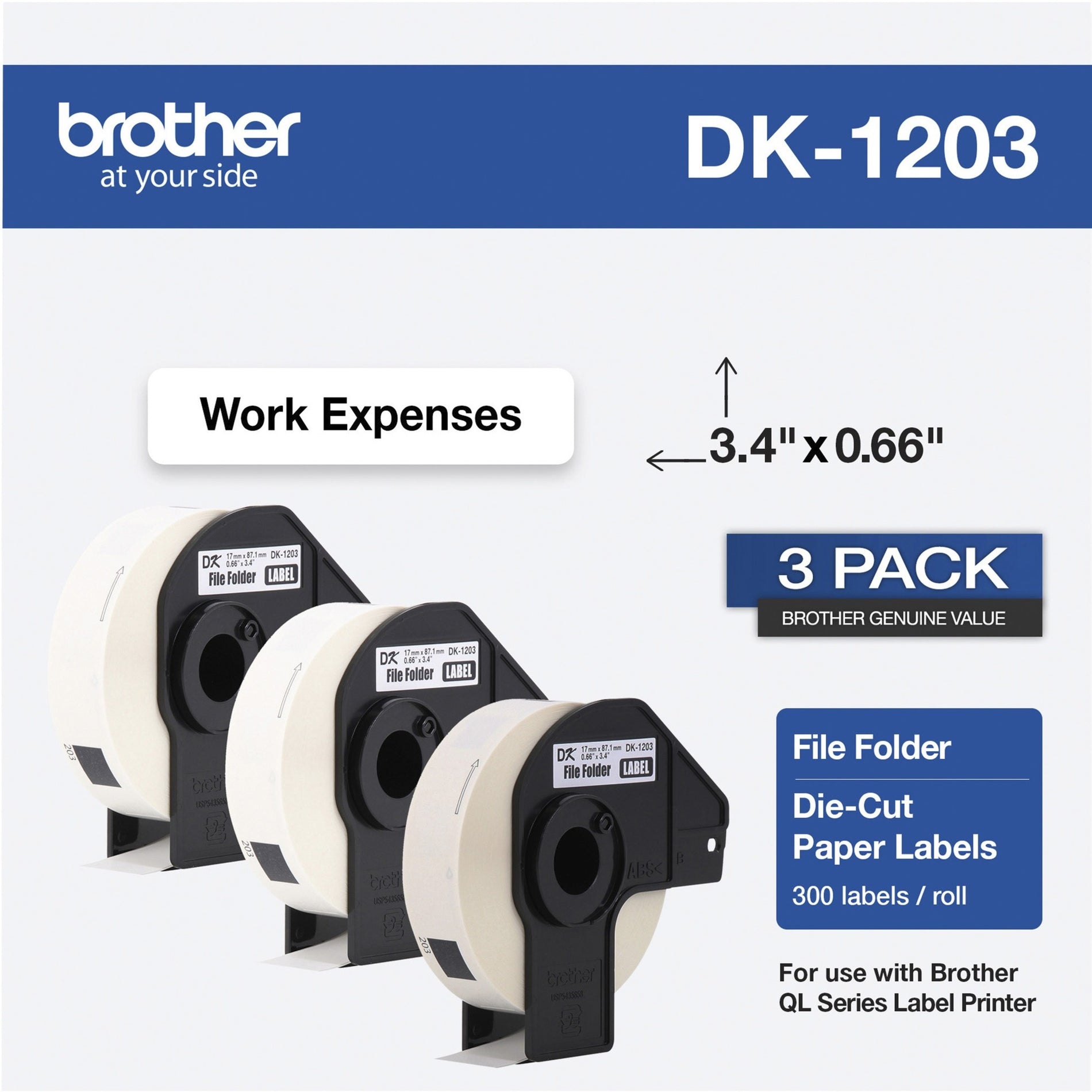 Brother DK12033PK DK File Folder Label, Strong, Die-cut, Coated Paper, 300 Labels
