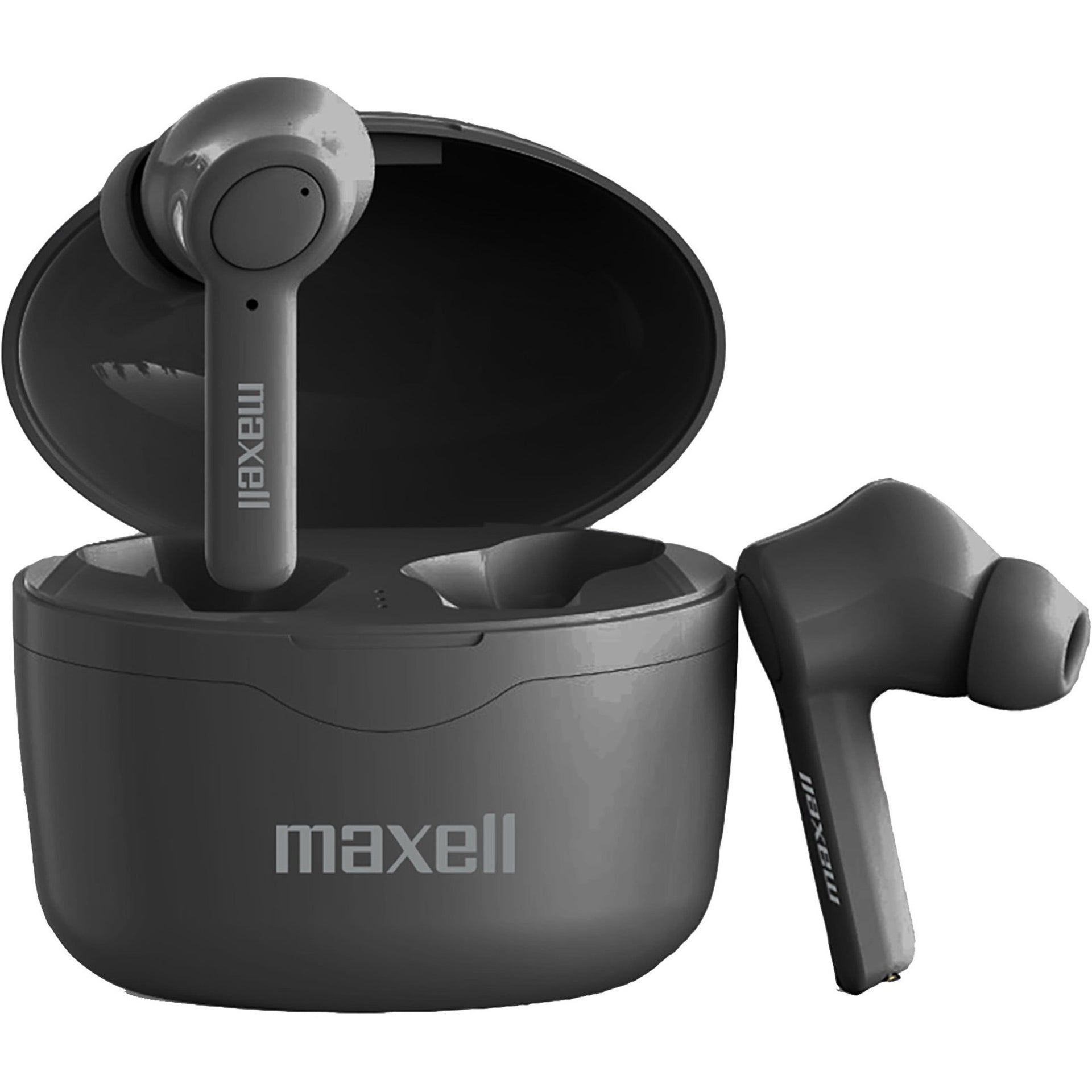 Maxell 199899 Sincronización Verdadera Auriculares Inalámbricos Bluetooth  Ajuste Seguro Estuche de Carga Negro