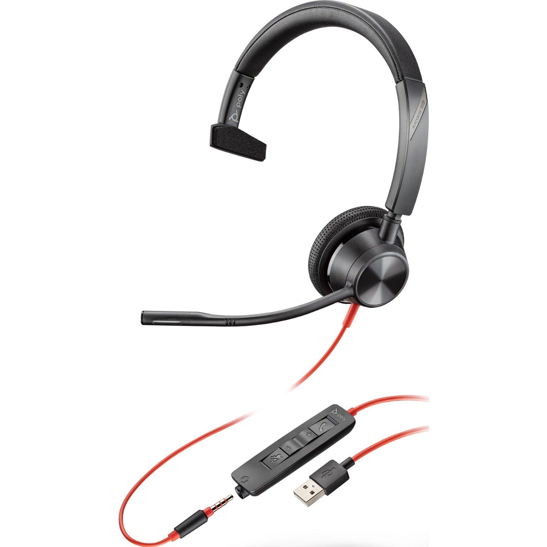 Plantronics 213936-101 Blackwire 3315 USB-A Headset, Monaural Over-the-head Design, Noise Cancelling Microphone