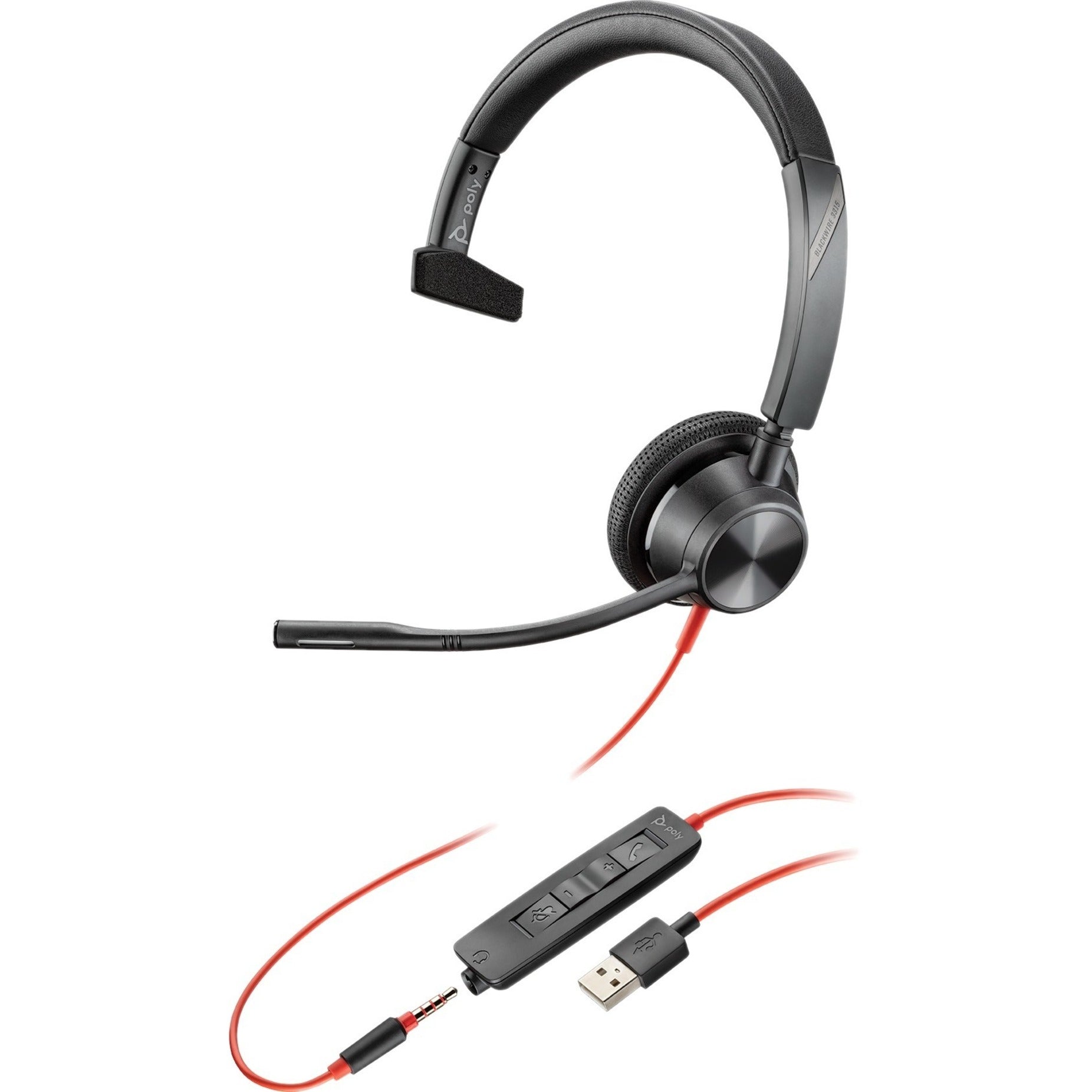 Poly 214014-101 Blackwire 3315 Microsoft USB-A Headset, Over-the-head, Mono Sound, Adjustable Headband