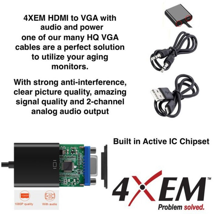 4XEM 4XHDMIVGAAPB HDMI to VGA Adapter with Power and 3.5mm Audio Cable - Black, Plug & Play, 1920 x 1080 Resolution