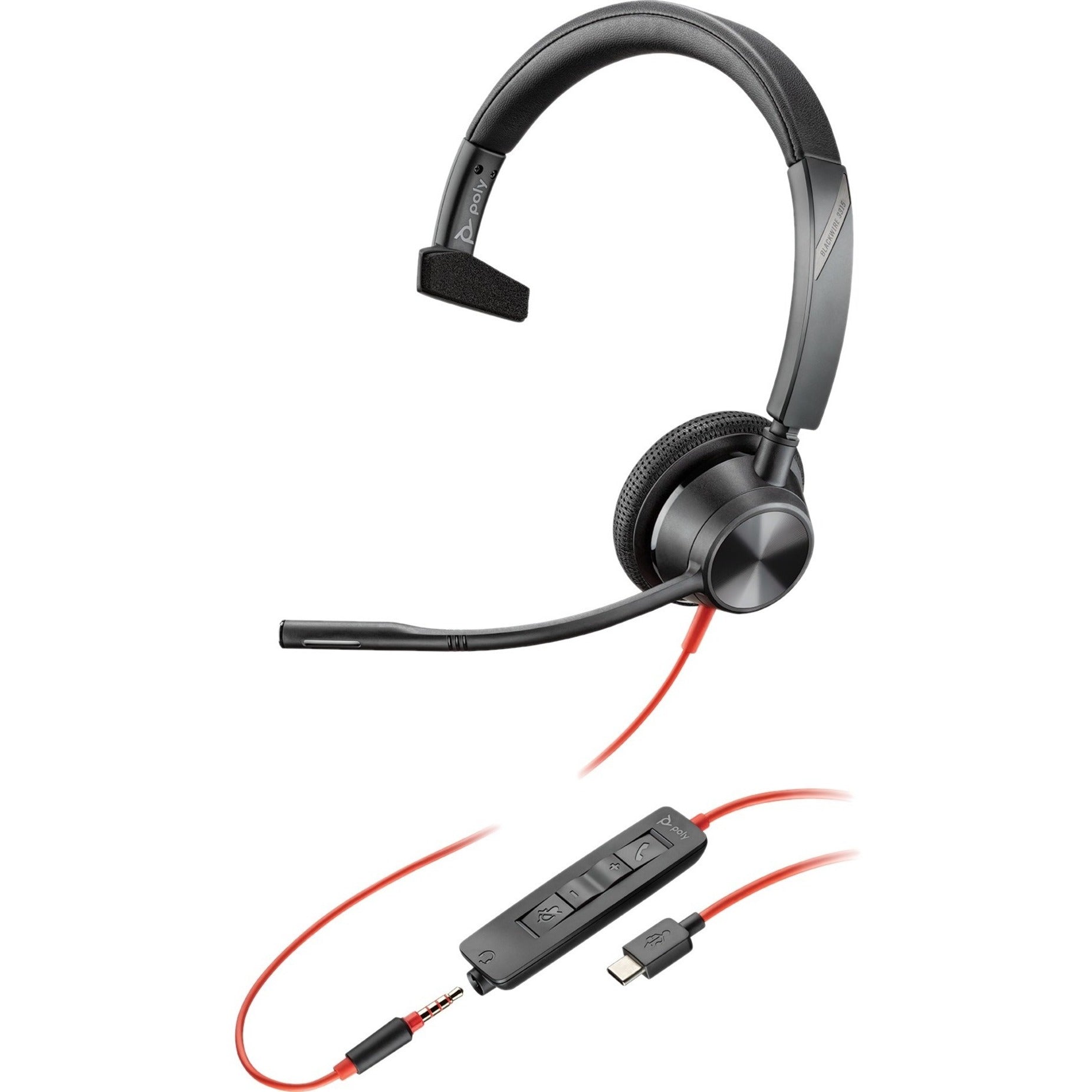 Poly 214015-101 Blackwire 3315 Headset, Over-the-head USB Type C and 3.5mm Wired Headset with Adjustable Headband