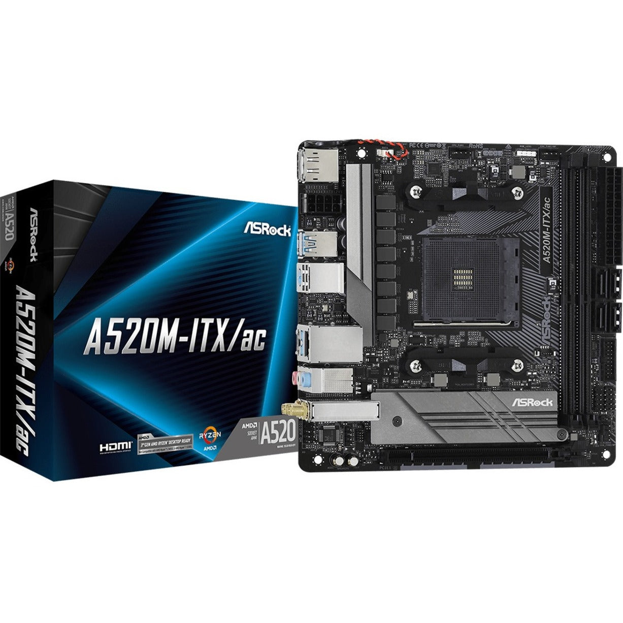 ASRock A520M-ITX/AC AMD AM4 Desktop Motherboard, DDR4 64GB, WiFi