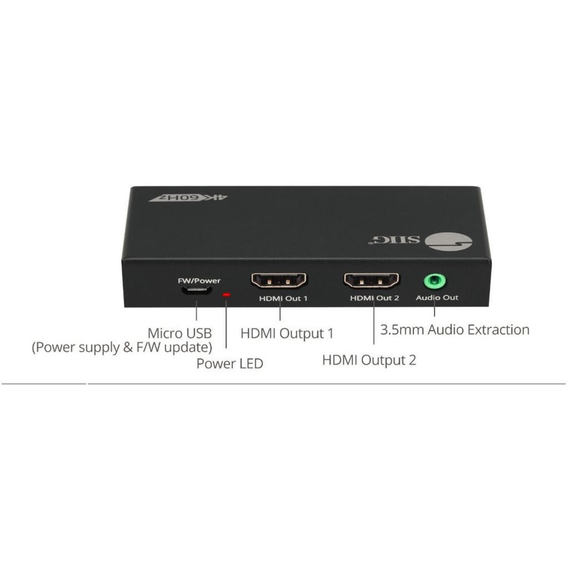 SIIG CE-H26D11-S1 2-Port HDMI 2.0 4K HDR Splitter / Switcher, Color Box