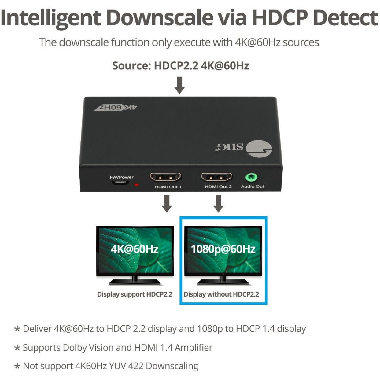 SIIG CE-H26D11-S1 2-Port HDMI 2.0 4K HDR Splitter / Switcher, Color Box