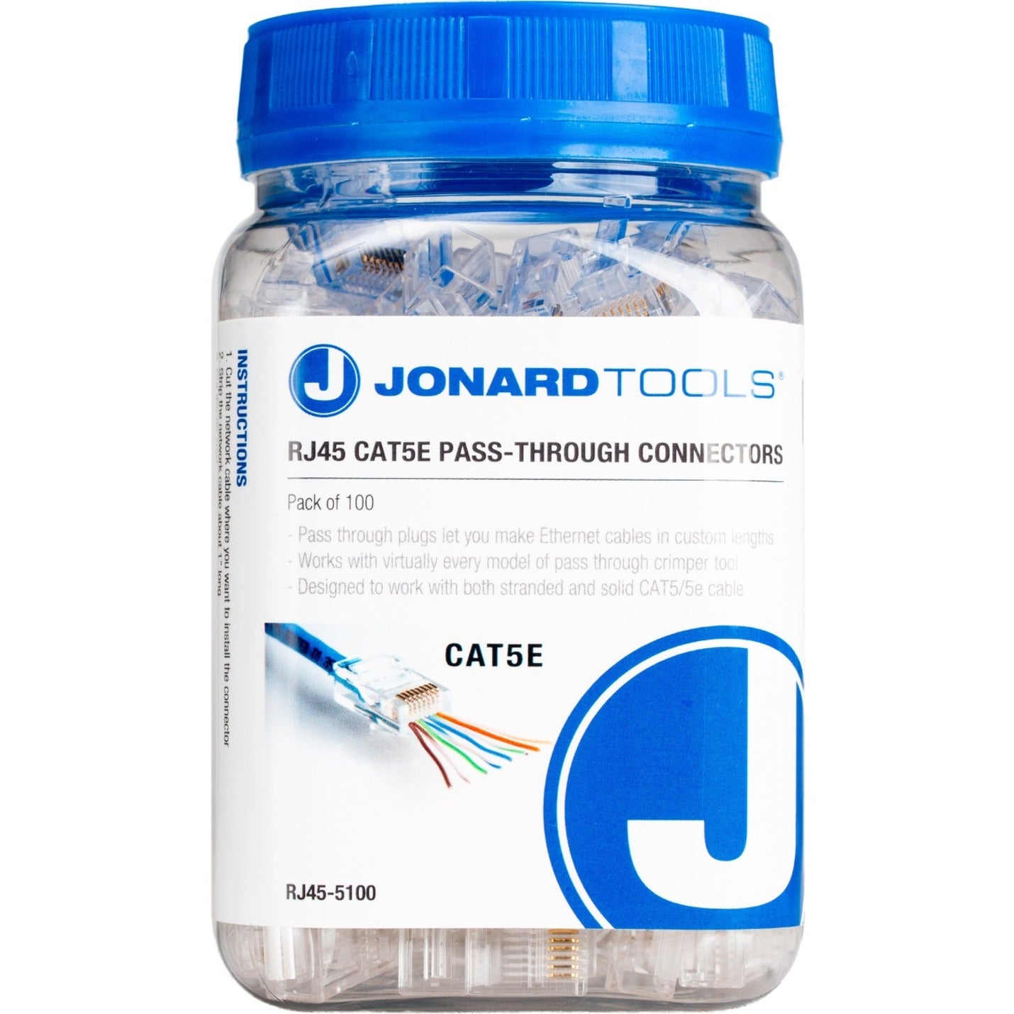 Jonard Tools RJ45-5100 RJ45 CAT5e Pass-Through Connectors (Pack of 100), Gold Plated Network Connector
