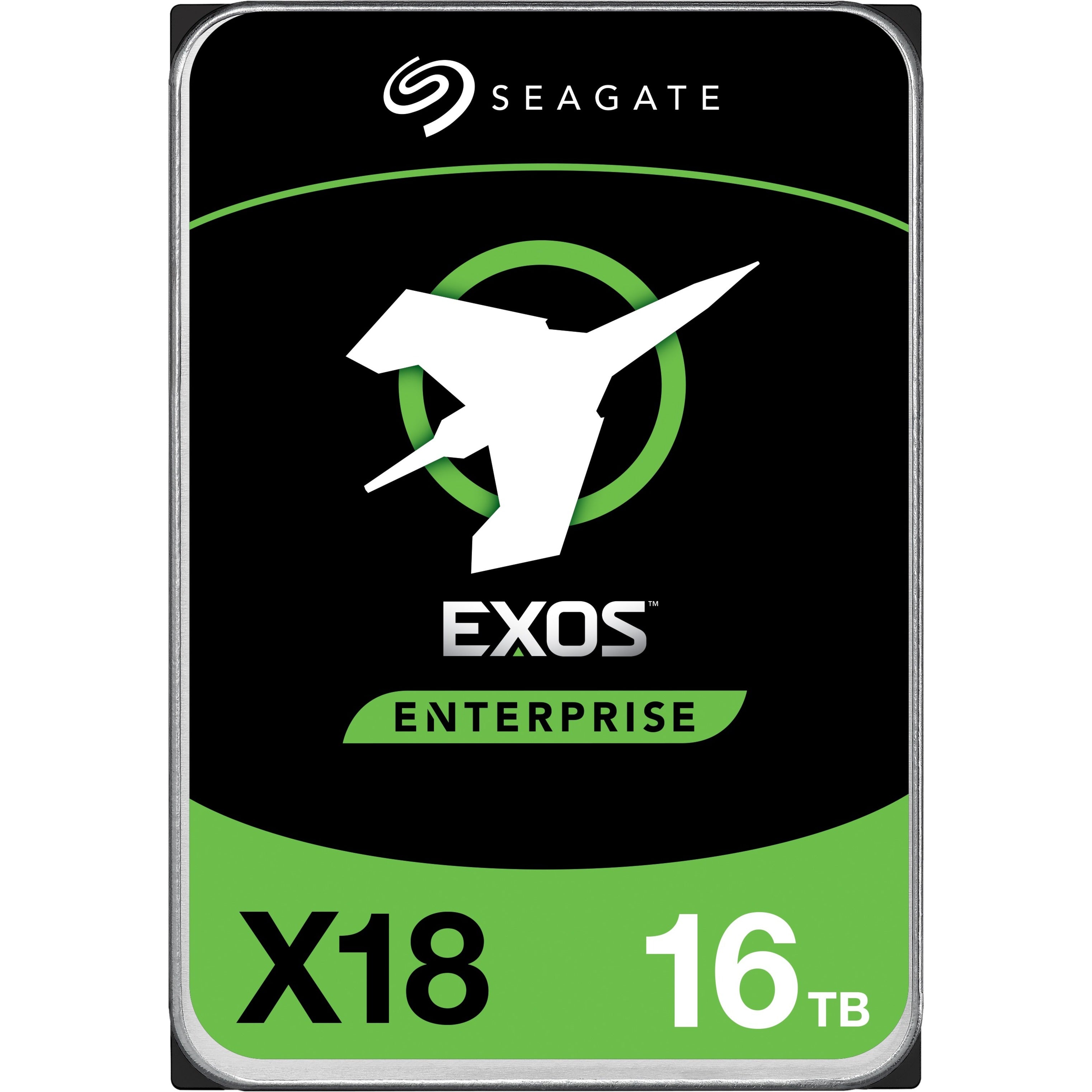 Front view of Seagate Exos X18 16TB enterprise hard drive featuring black casing with green accents and Seagate branding
