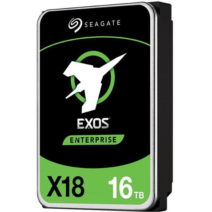 Angular view of Seagate Exos X18 16TB hard drive showing depth and construction details