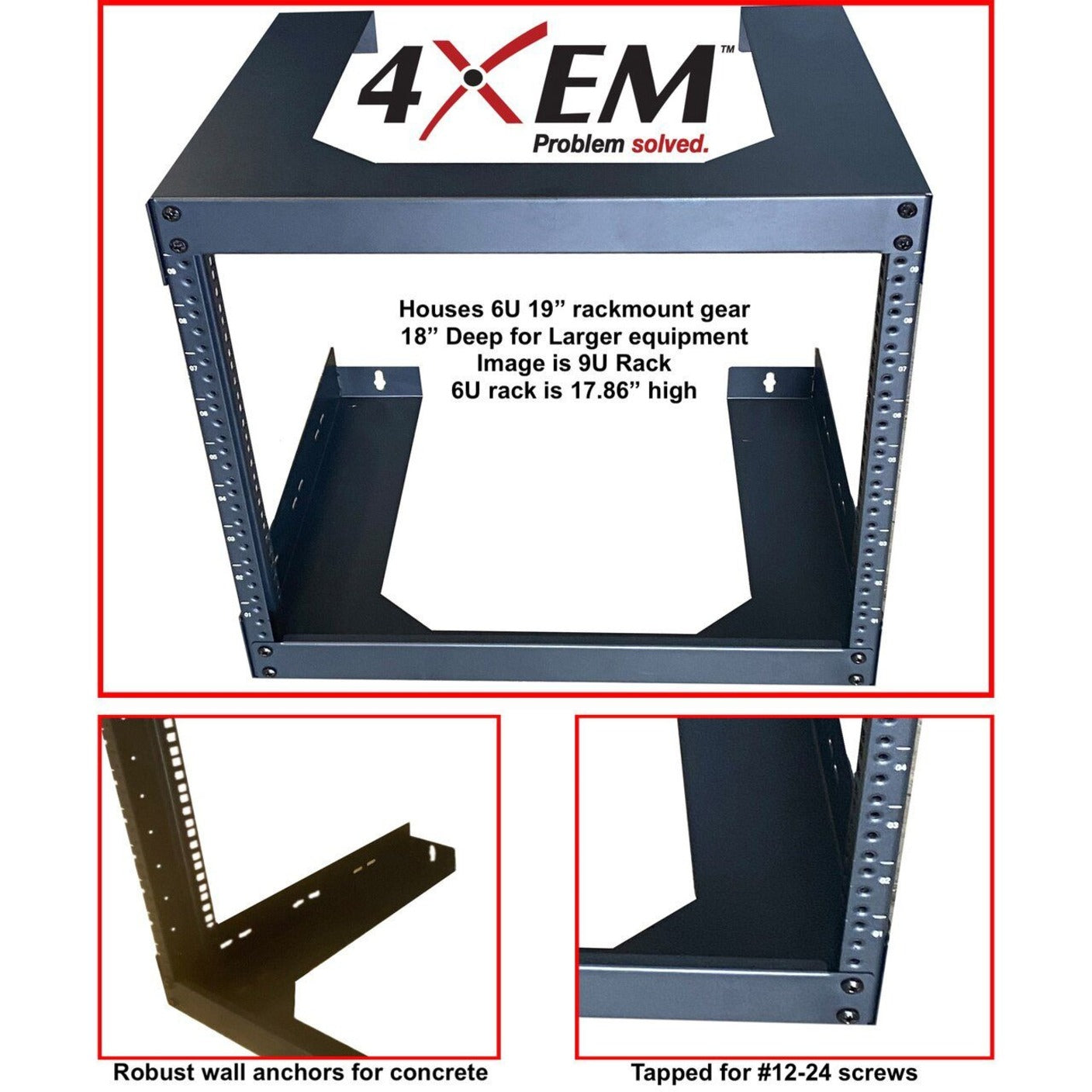 4XEM 4XOPENWALL6UD 6U 18" Deep Open Wall Mount Bracket, Durable, 88.18 lb Maximum Load Capacity