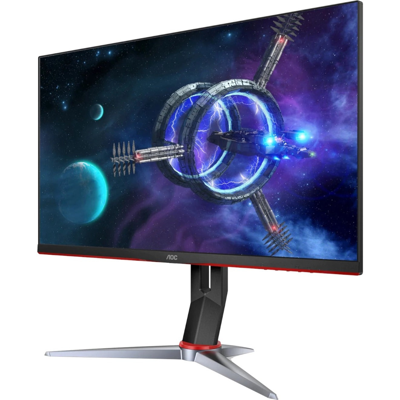 Angled view of AOC gaming monitor showing dynamic gaming scene with smooth motion clarity-alternate-image4