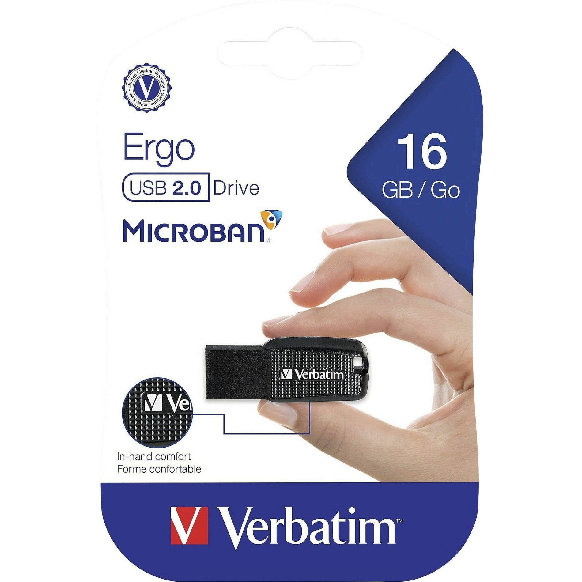 Verbatim 70875 16GB Ergo USB Flash Drive - Black, Antimicrobial, Password Protection, Capless, Lanyard, Ergonomic