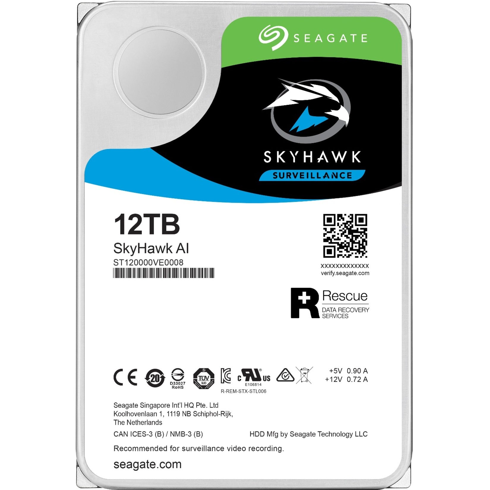 Seagate ST12000VE001 SkyHawk AI 12TB Hard Drive, 24x7 Surveillance Storage