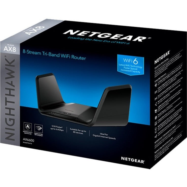Netgear RAX70-100NAS Nighthawk AX8 8-Stream AX6600 Tri-Band WiFi Router, Gigabit Ethernet, 825 MB/s