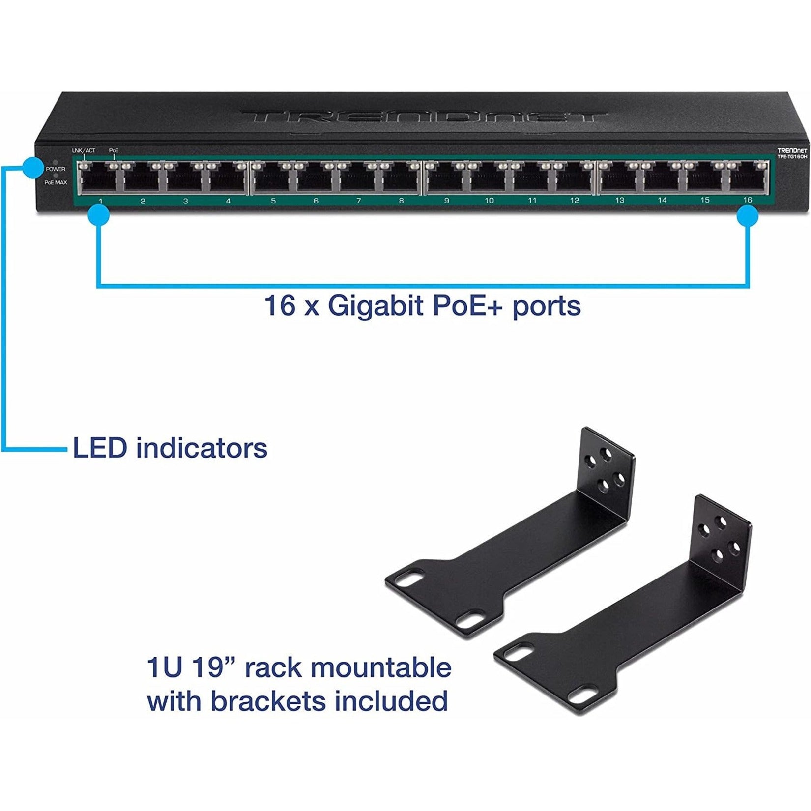 TRENDnet TPE-TG160H Ethernet Switch, 16-Port Gigabit PoE+, 123W PoE Power Budget