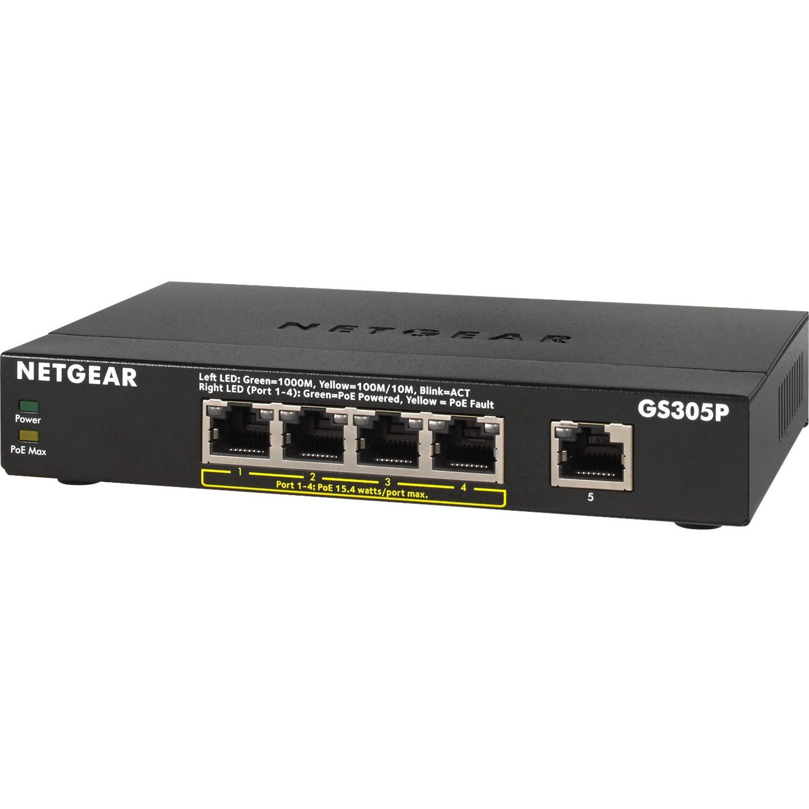 Netgear GS305P-200NAS 300 GS305P Ethernet Switch, 5 Ports, Gigabit Ethernet, 55.50W PoE Budget