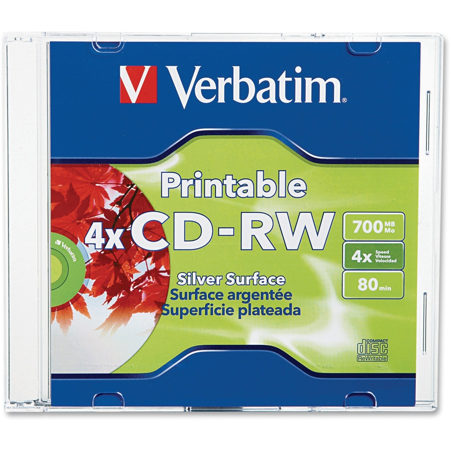 Verbatim 95160 DataLifePlus Silver Inkjet Printable CD-RW, 80MIN, 700 MB, 2x-4x, Slim Case