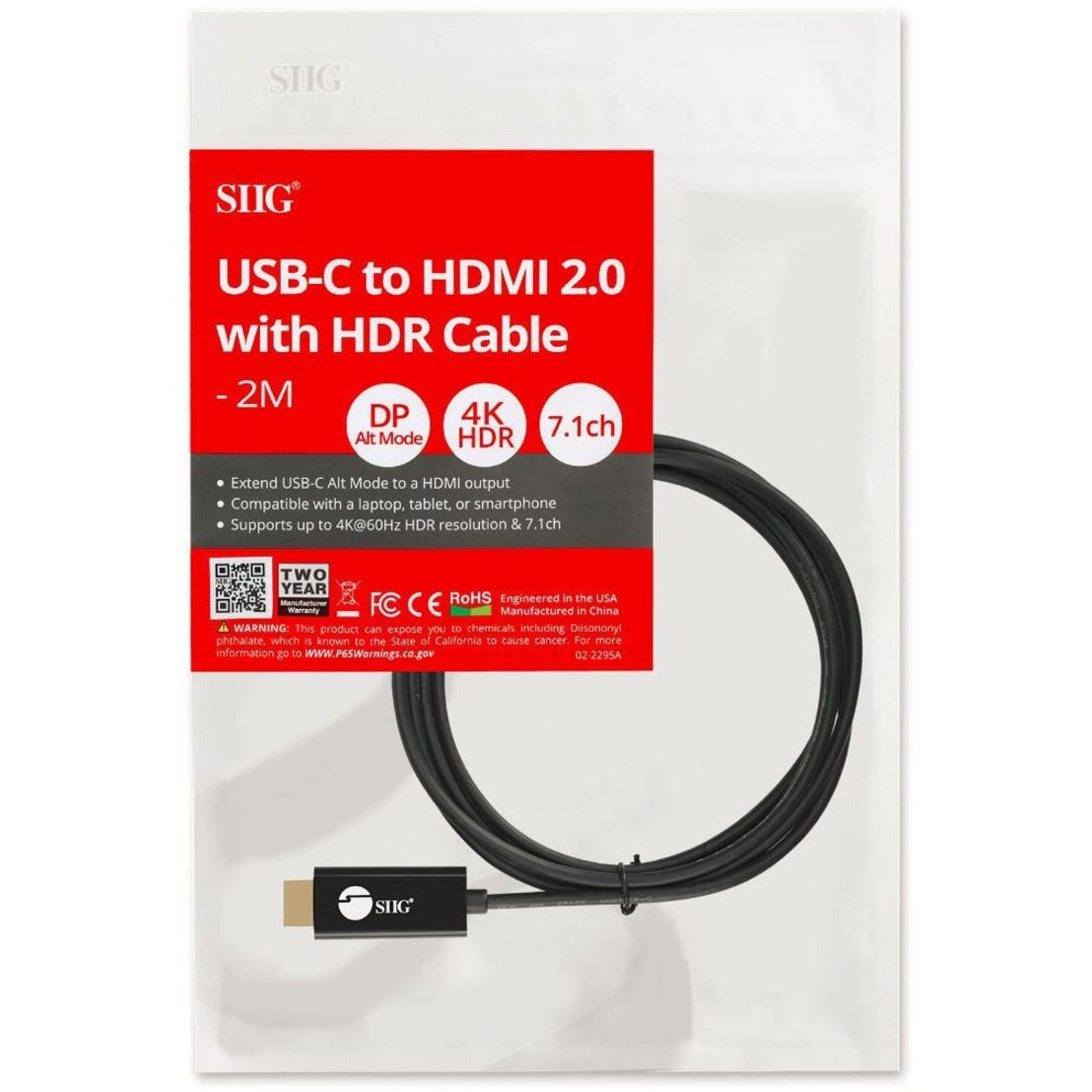 SIIG CB-TC0J11-S1 USB-C to HDMI 2.0 Active Cable - 2M, 4K60Hz HDR, Plug & Play, Reversible