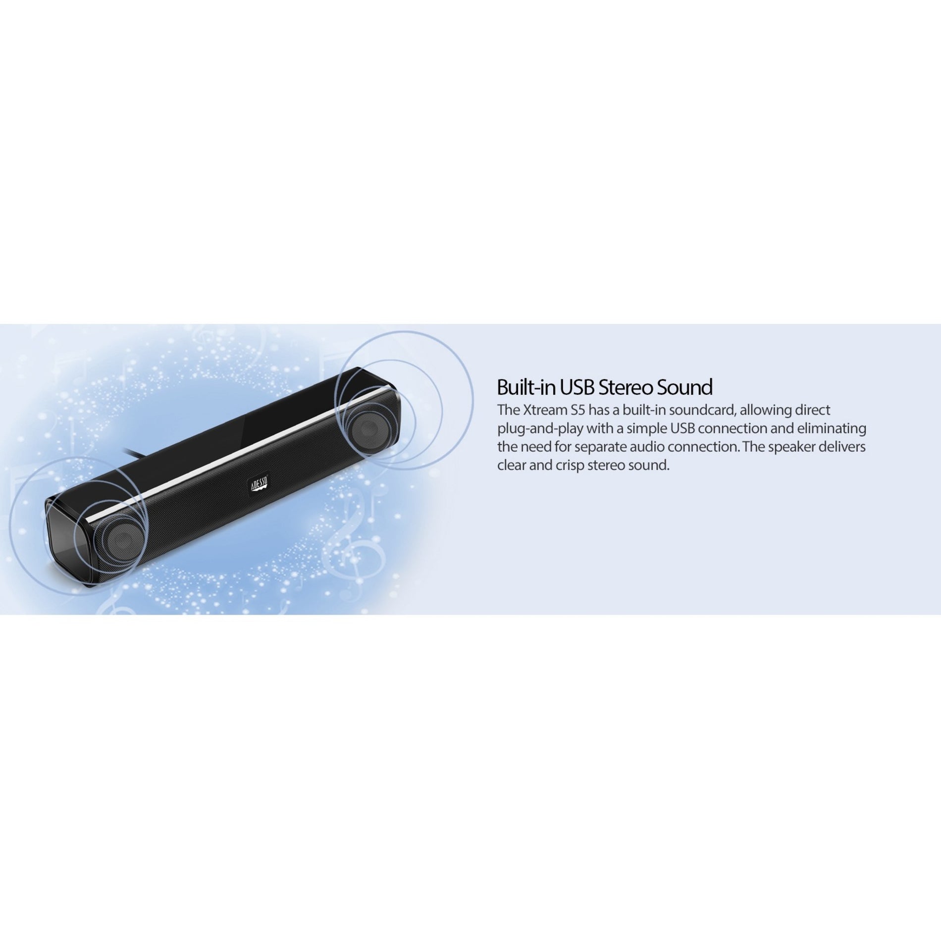 Adesso XTREAM S5 USB Sound Bar Speaker 5W*2, Plug and Play, Portable, Black