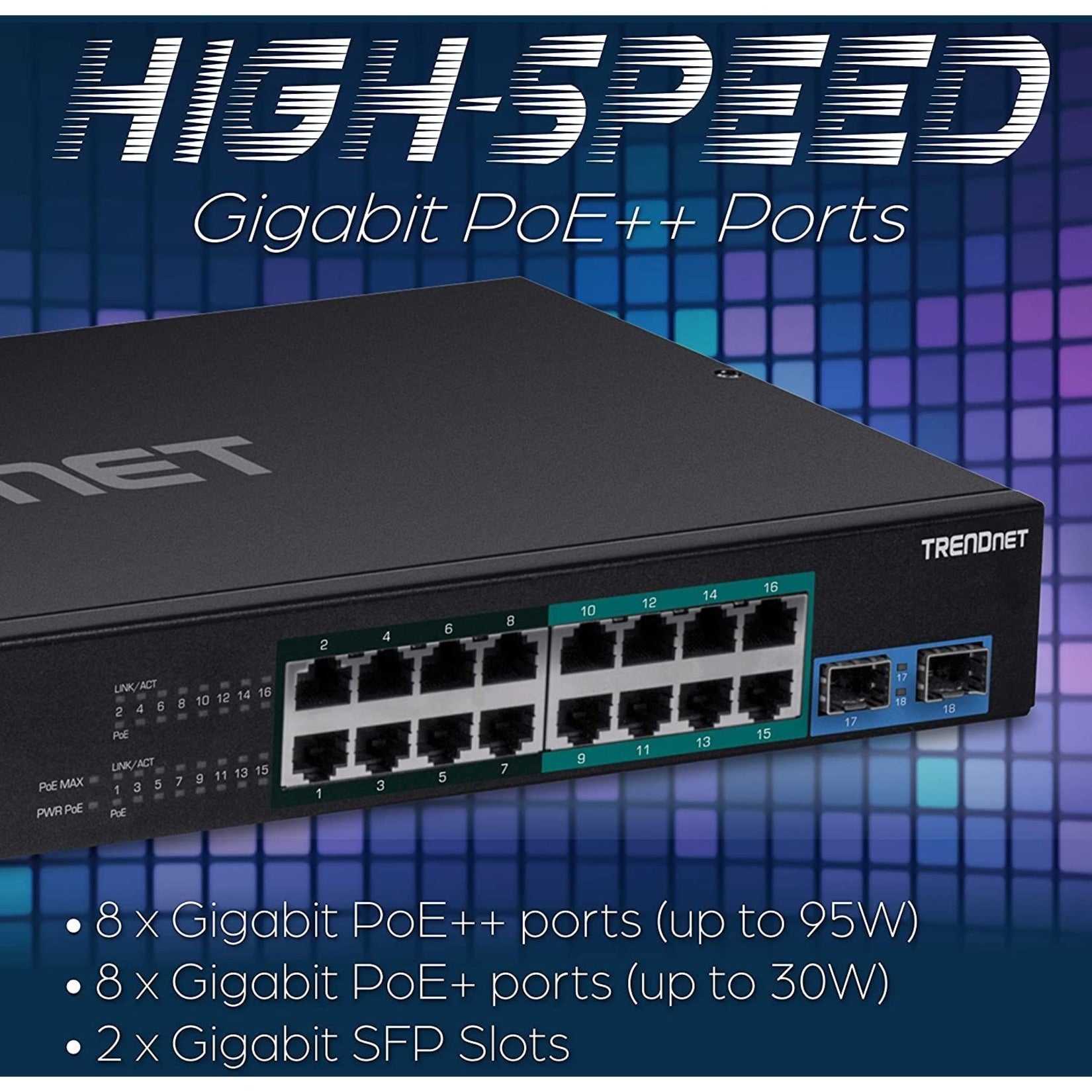 TRENDnet TPE-BG182G 18-Port Gigabit PoE++ Switch, 470W Power Budget, 1U 19" Rack Mountable