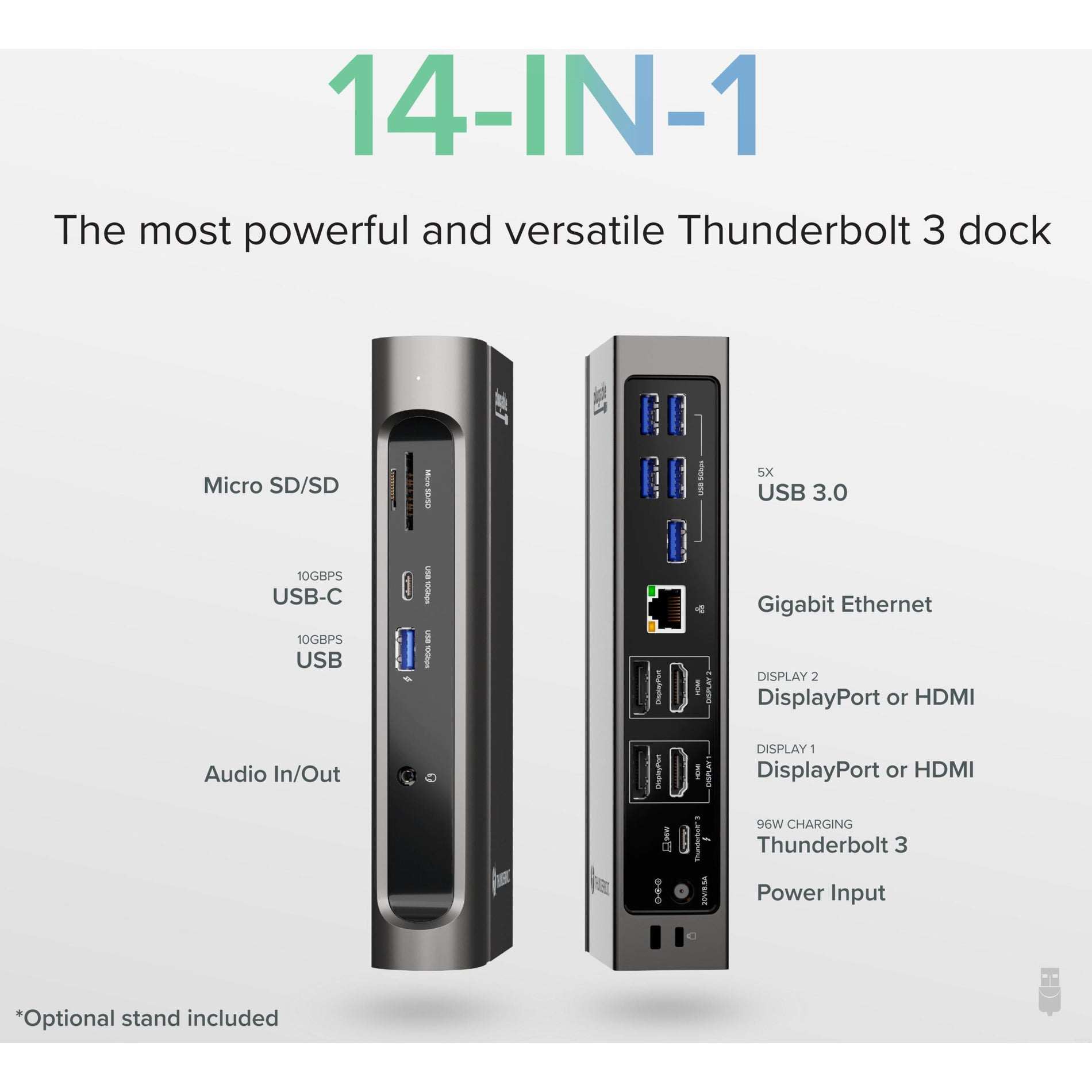 Plugable TBT3-UDZ Thunderbolt 3 and USB-C Dual Display Dock with 96W Host Charging, 14-in-1 USB-C and Thunderbolt 3 Dock