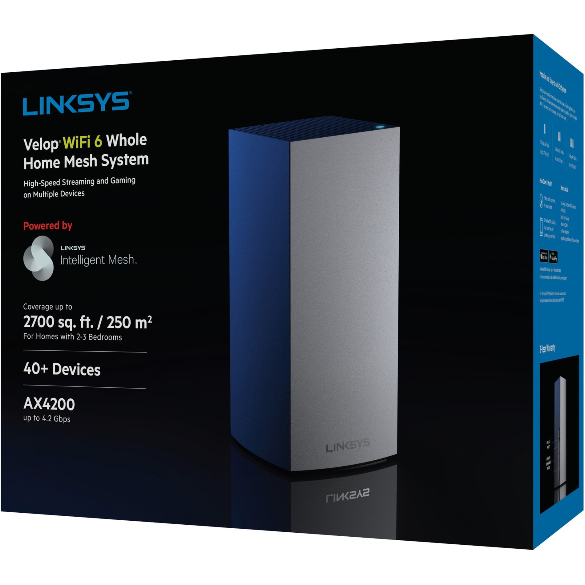 Linksys MX4200 Velop AX4200 Tri-Band Mesh WiFi 6 System, Gigabit Ethernet, 525 MB/s