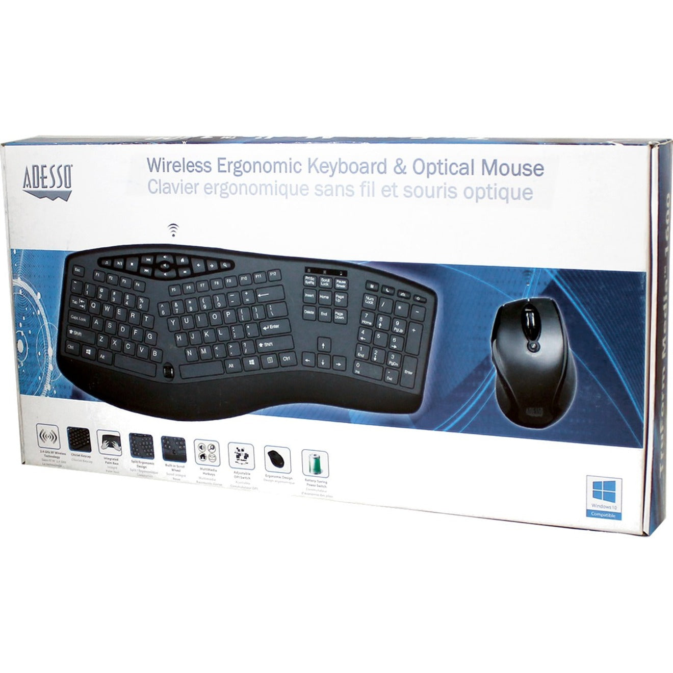 Adesso WKB-1600CB TruForm Wireless Ergonomic Keyboard And Optical Mouse, Low-Profile Keys, Split Keyboard, Palm Rest, Ergonomic