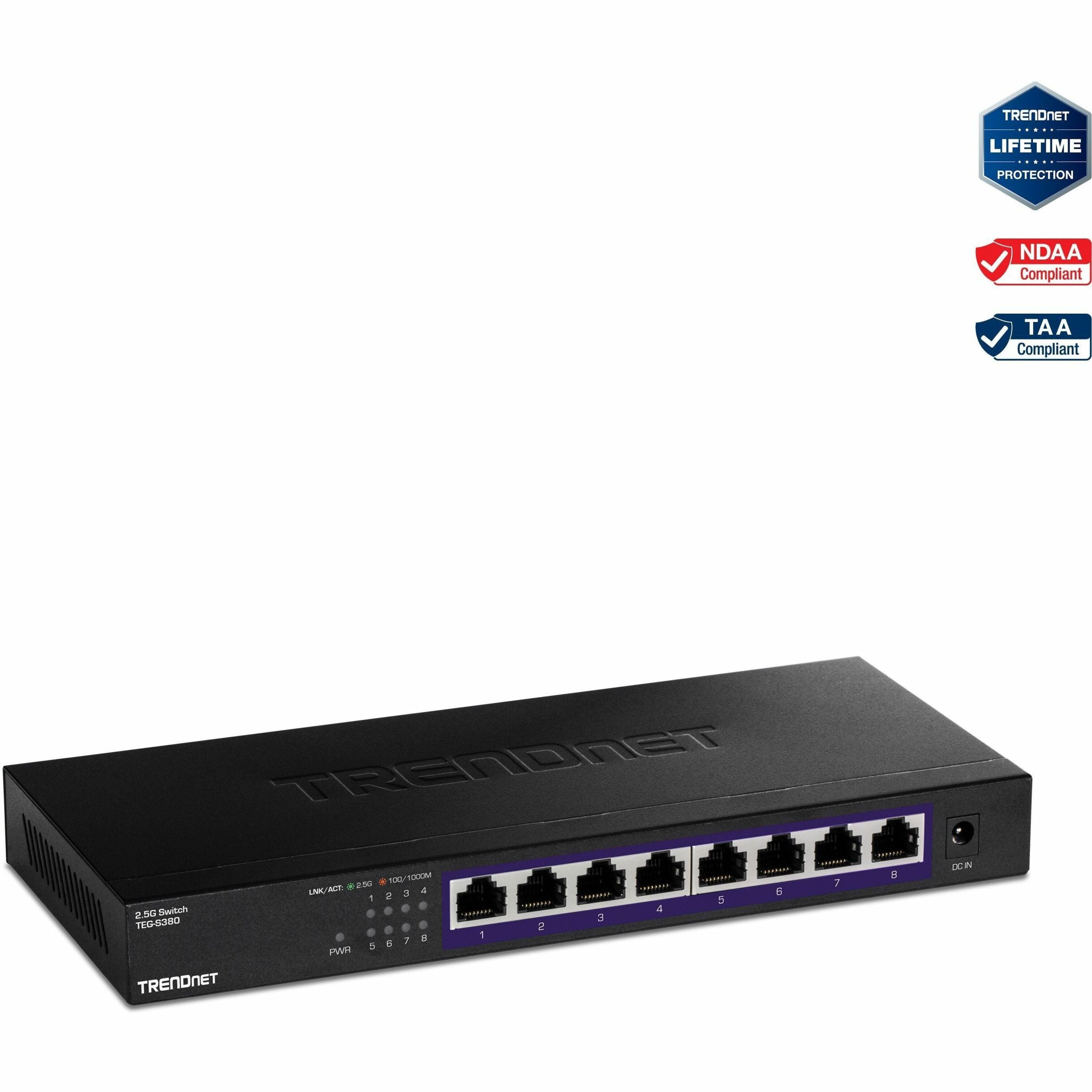 TRENDnet TEG-S380 8-Port Unmanaged 2.5G Switch, 8 x 2.5GBASE-T Ports, 40Gbps Switching Capacity, Backwards Compatible with 10-100-1000Mbps Devices