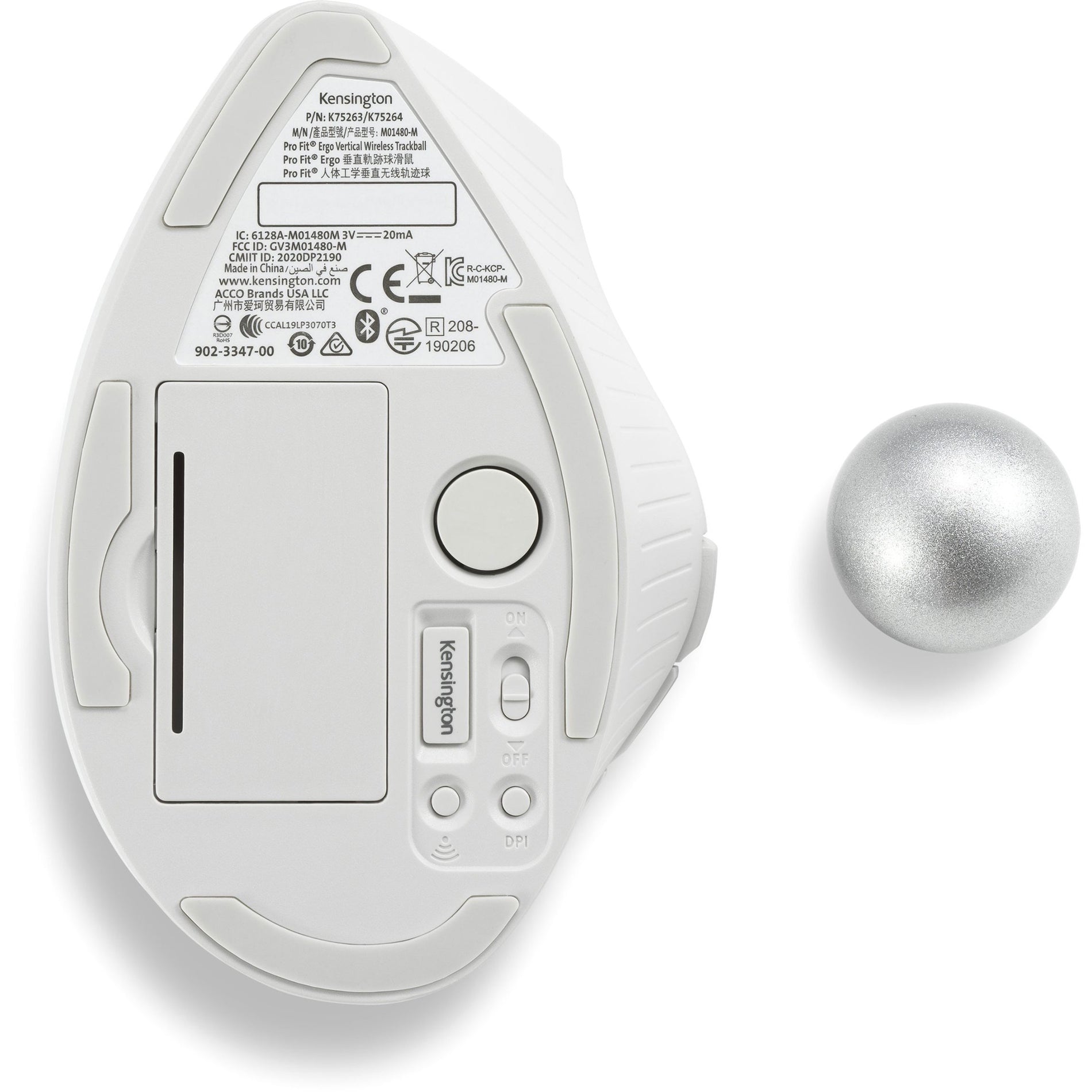 Kensington K75263WW Pro Fit Ergo Trackball, Wireless, 9 Buttons, White