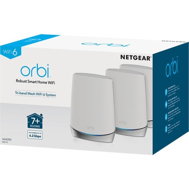 Netgear RBK753-100NAS Orbi RBK753 Wi-Fi 6 Whole Home Tri-band Mesh WiFi 6 System, Gigabit Ethernet, 525 MB/s