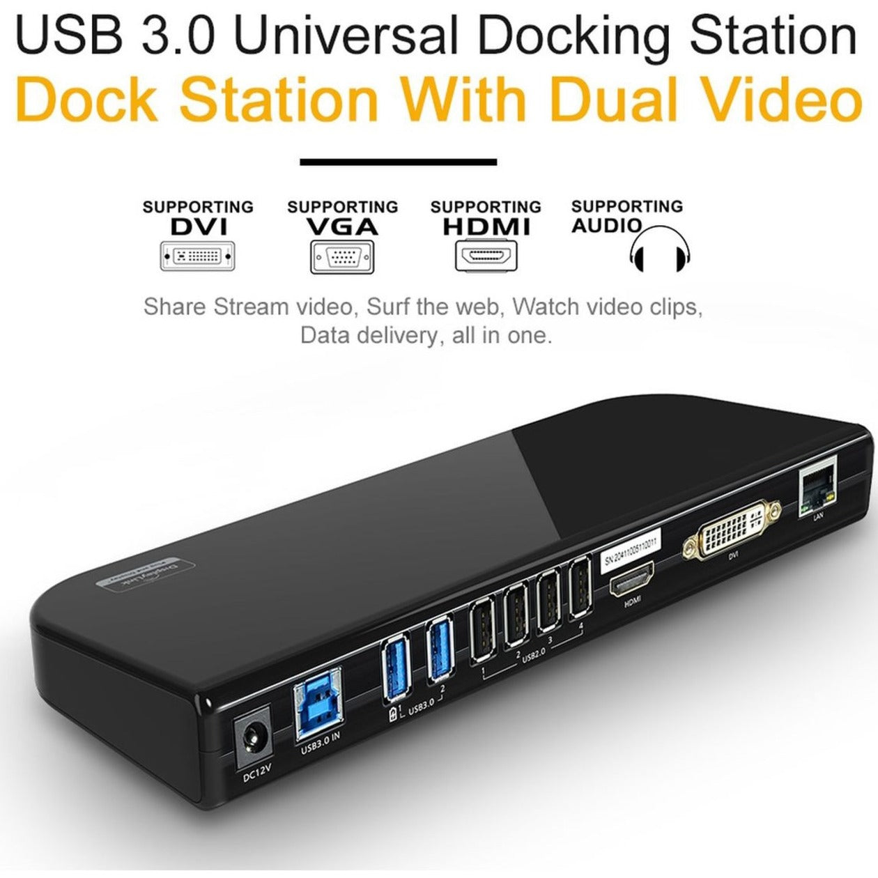 4XEM 4XUG39DK1 USB 3.0 Universal Docking Station with Dual Monitor Capabilities, HDMI, DVI, USB 3.0 Ports, RJ-45, Audio In/Out