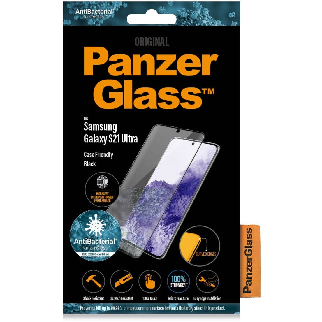 PanzerGlass 7258 Screen Protector, Transparent, Black, Oleophobic Coating, Rounded Edge, Anti-bacterial