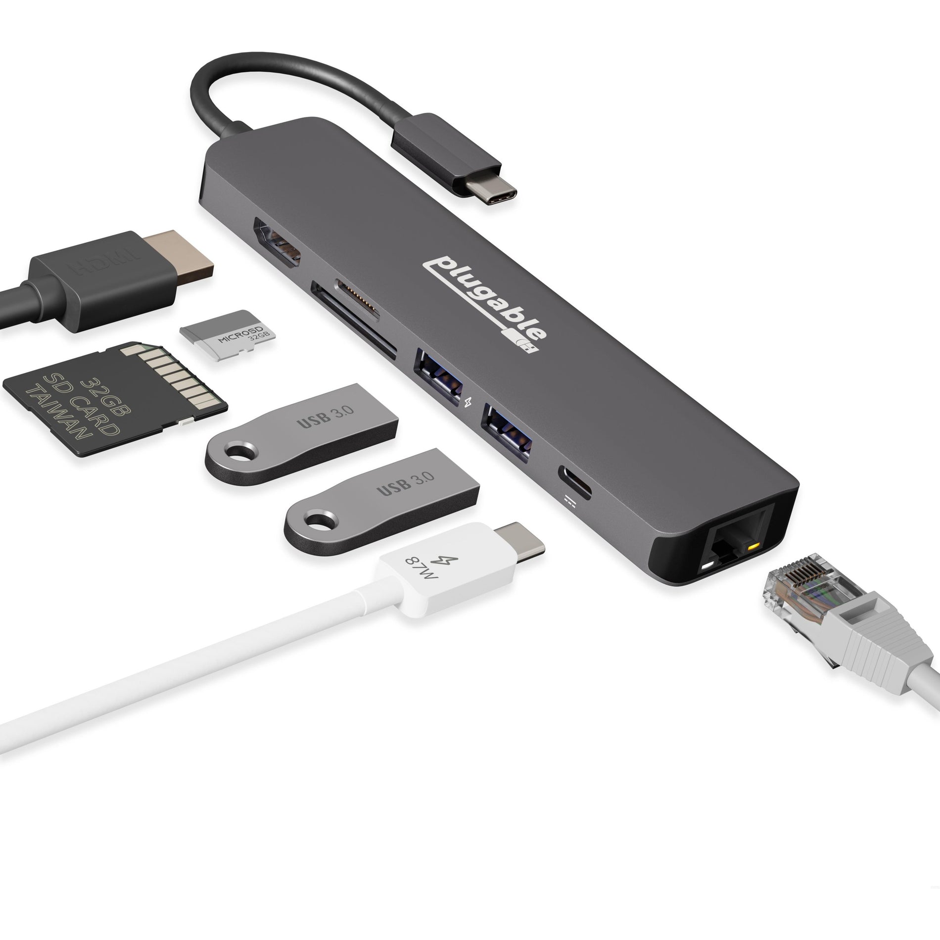 Plugable USBC-7IN1E USB-C 7-in-1 Hub with Ethernet Multiport Adapter für ChromeOS Windows macOS Linux Dell Google Microsoft Apple