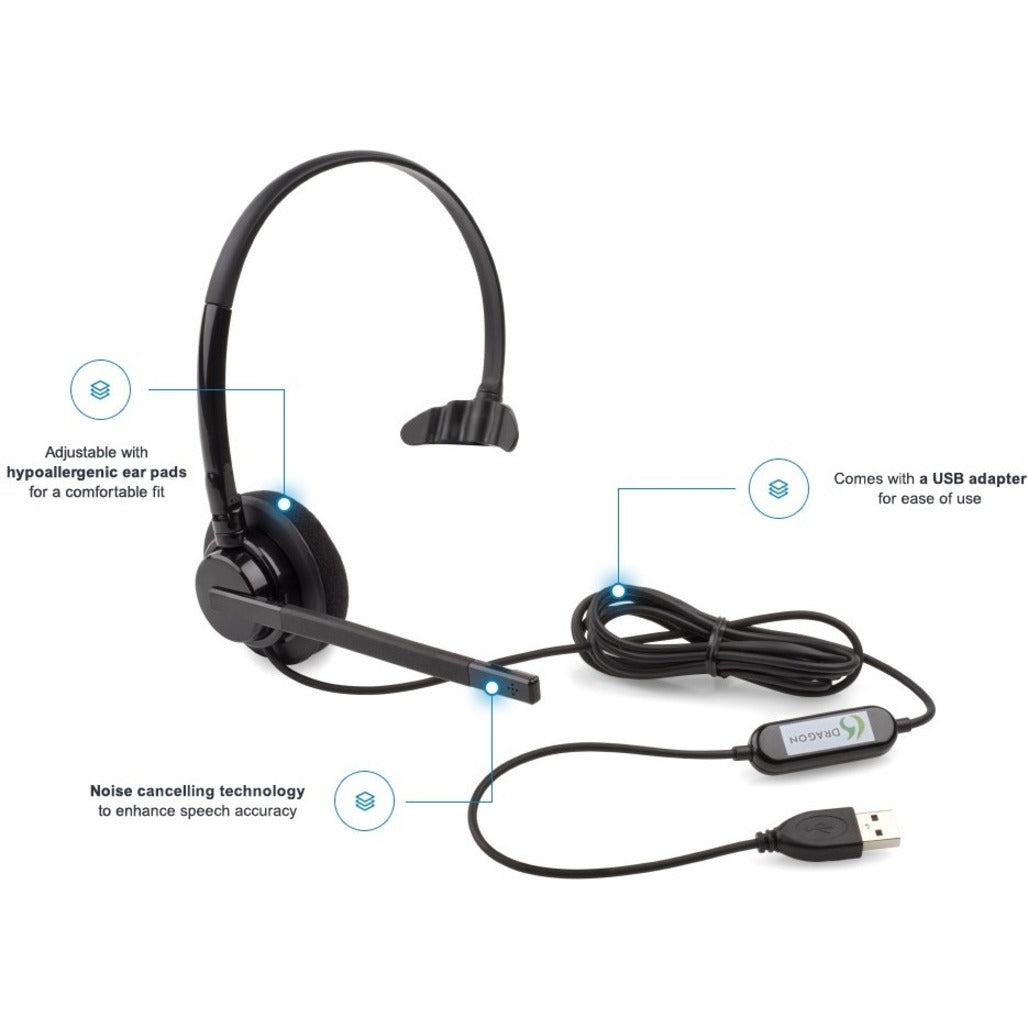 Nuance HS-GEN-25-B Dragon 15.0 USB Standalone Headset, Monaural Over-the-head, Noise Cancelling, PC Compatible