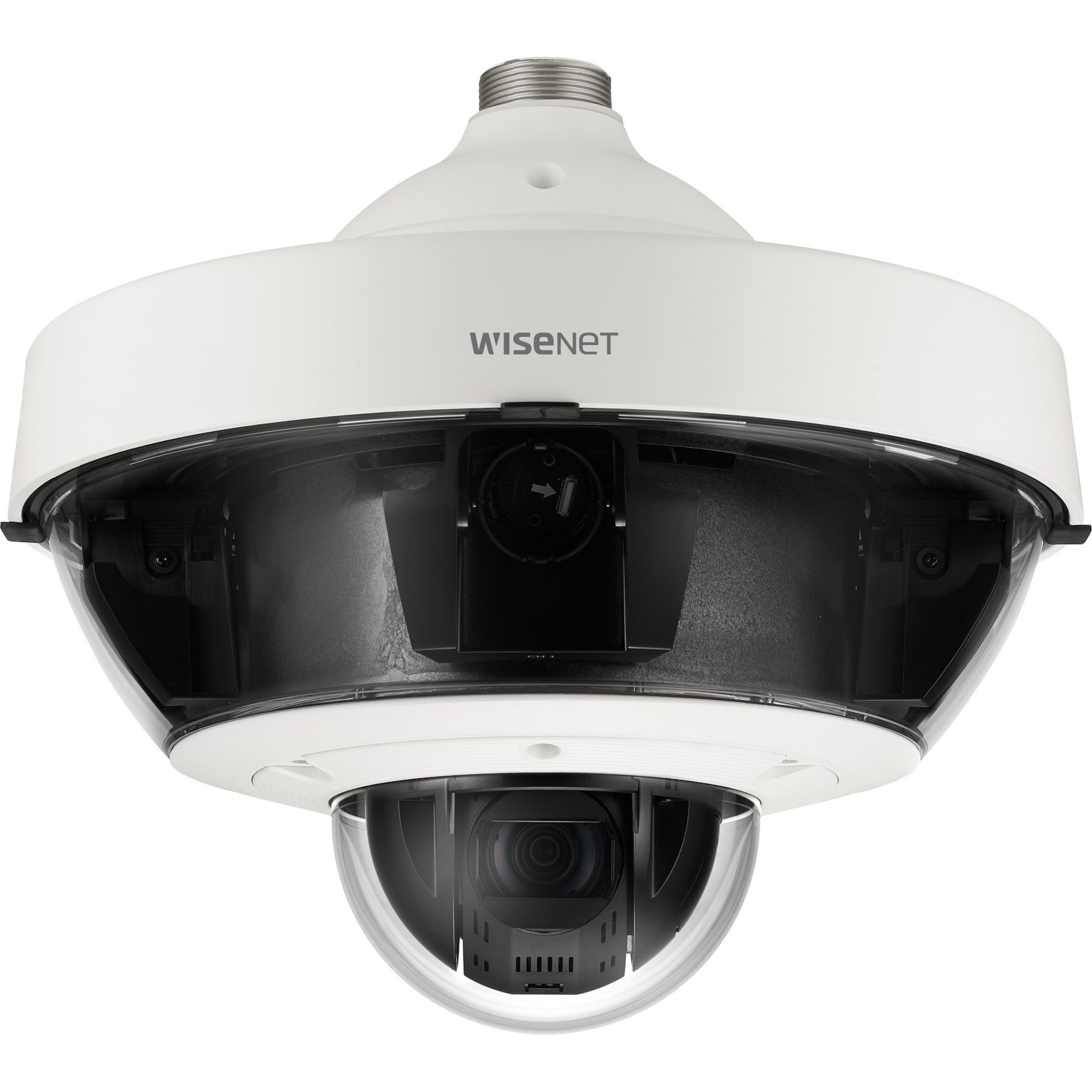 Wisenet PNM-9322VQP 10MP to 22MP Multi-directional + 2MP PTZ Network Camera, Outdoor Vandal Resistant Dome, Full HD Recording