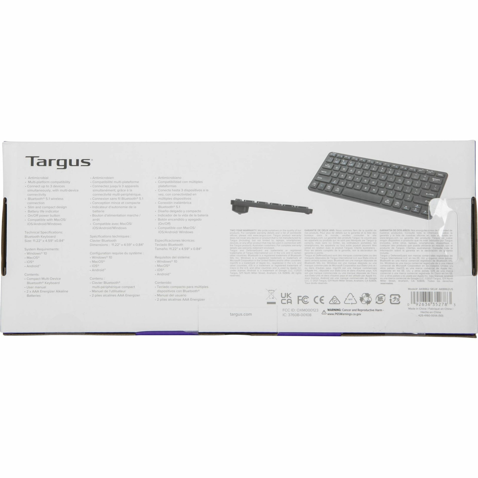 Targus AKB862US Compact Multi-Device Wireless Keyboard w/Antimicrobial DefenseGuard, Black