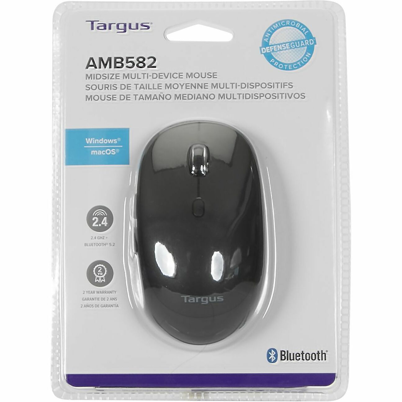 Targus AMB582GL Midsize Comfort Multi-Device Wireless Mouse w/Antimicrobial DefenseGuard (Black), Ergonomic Fit, 2400 dpi