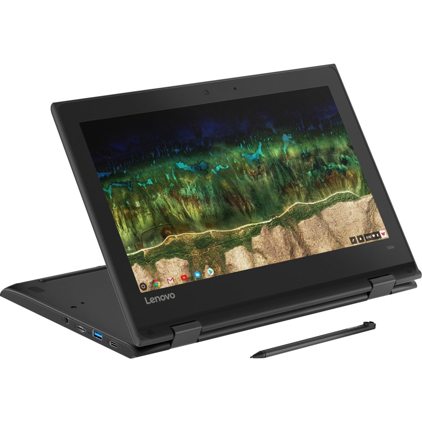 Lenovo 81MC004UUS 500e Chromebook 2nd Gen 11.6" Touchscreen Convertible 2 in 1 Chromebook, Intel Celeron N4120, 8GB RAM, 64GB Flash Memory, Black