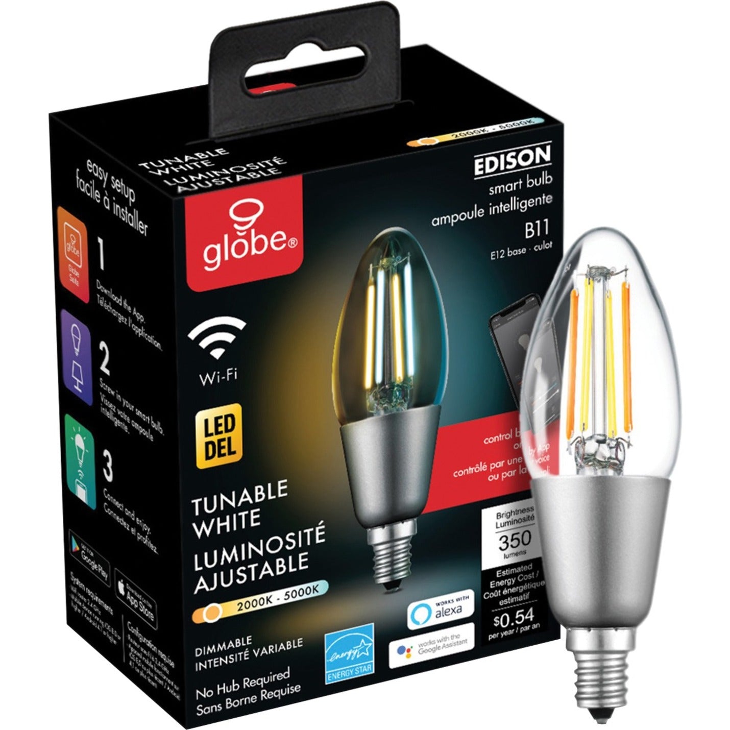 Globe Electric 34918 LED Light Bulb, Dimmable, Adjustable Light Color, Wi-Fi, Voice Control, Energy Star, 3 Year Warranty