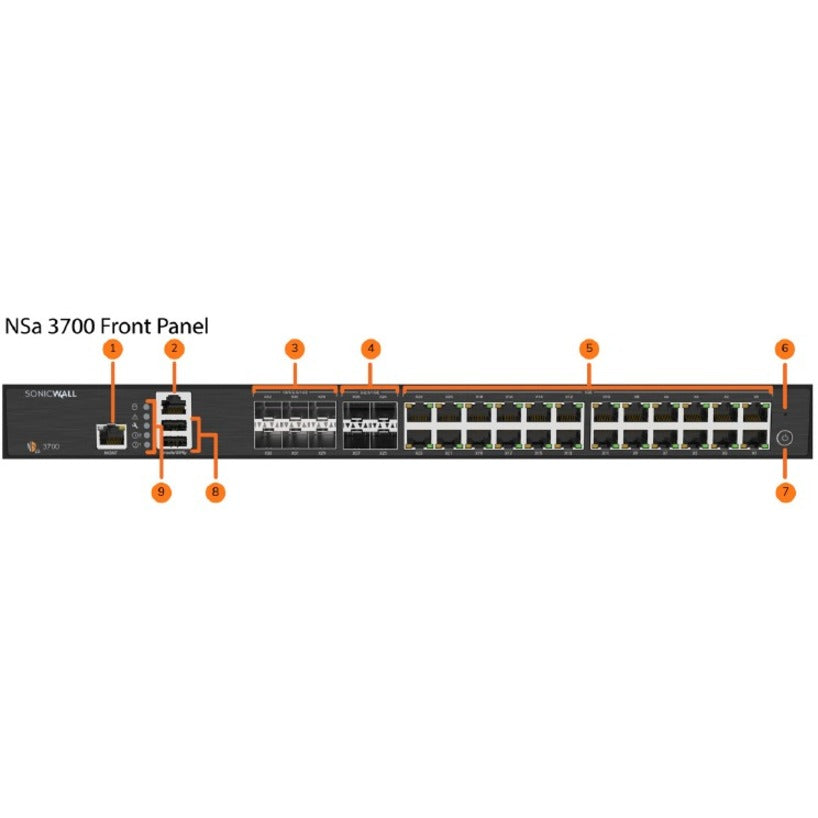 SonicWall 02-SSC-4326 NSA 3700 Network Security/Firewall Appliance, 24 Ports, 10 SFP+ Slots, AES Encryption, DDoS Protection