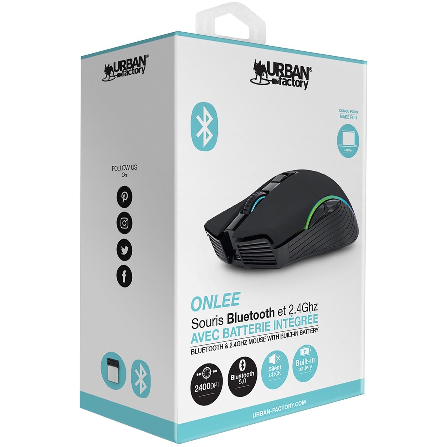 Urban Factory BTM05UF ONLEE Bluetooth 2.4 GHz Ambidextrous Mouse With Rechargeable Battery, Built-in Battery, 2400 DPI, 6 Buttons