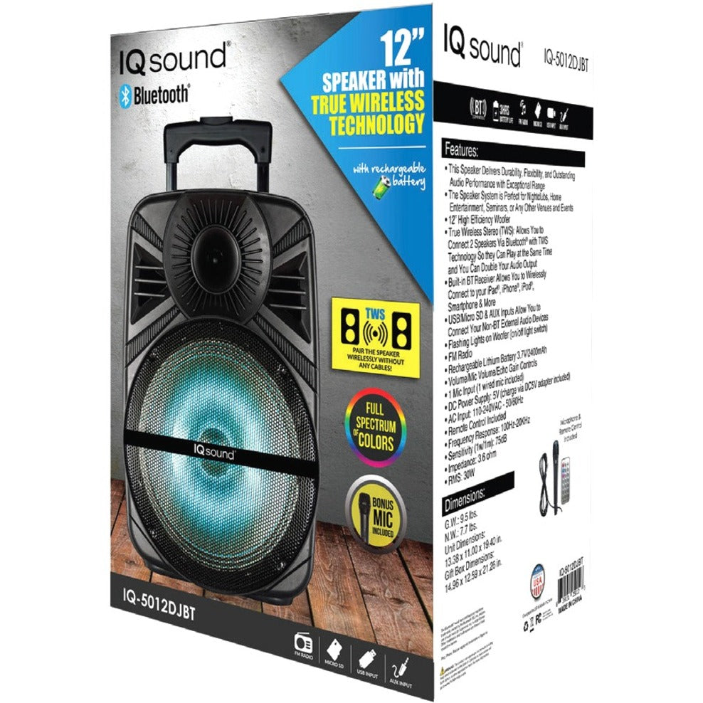 IQ Sound IQ-5012DJBT 12" Portable Bluetooth DJ Speaker with TWS, 30W RMS Output Power, Wireless Speaker, microSD Supported, 90 Day Limited Warranty